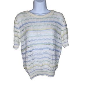 Vintage 1970s Short Sleeve Open Weave Sweater Pastel Womens L White Stripes